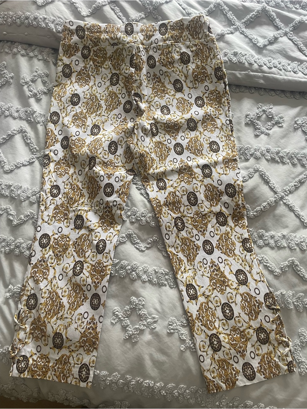 Insight White Pants with Gold and Brown Baroque Print
